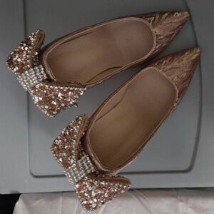 Embellished Pointed Toe Flats in Rose Gold with Jeweled Bow